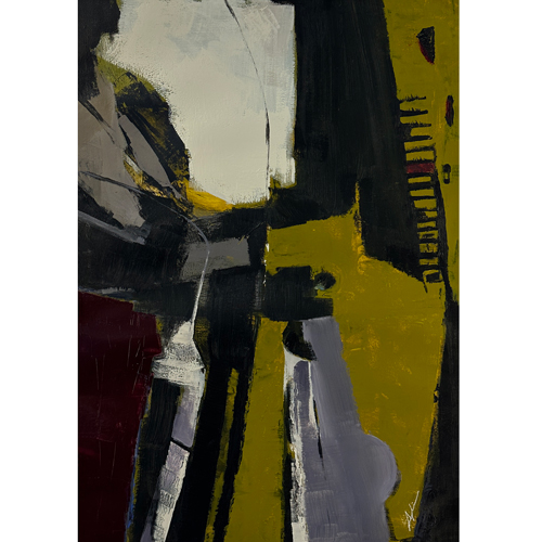 Acrylic on paper — a bold abstract composition of angular black, olive-yellow, cream, and deep red shapes with strong gestural marks and graphic energy, by Joanna Aplin, Toronto artist