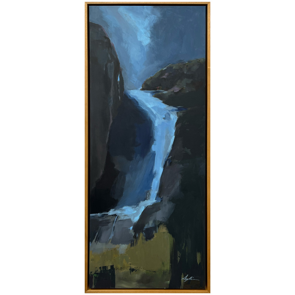 Tall landscape painting of a waterfall cascading between dark rocky cliffs in cool blues and greys with olive-gold tones at the base, by Joanna Aplin, Canadian landscape artist