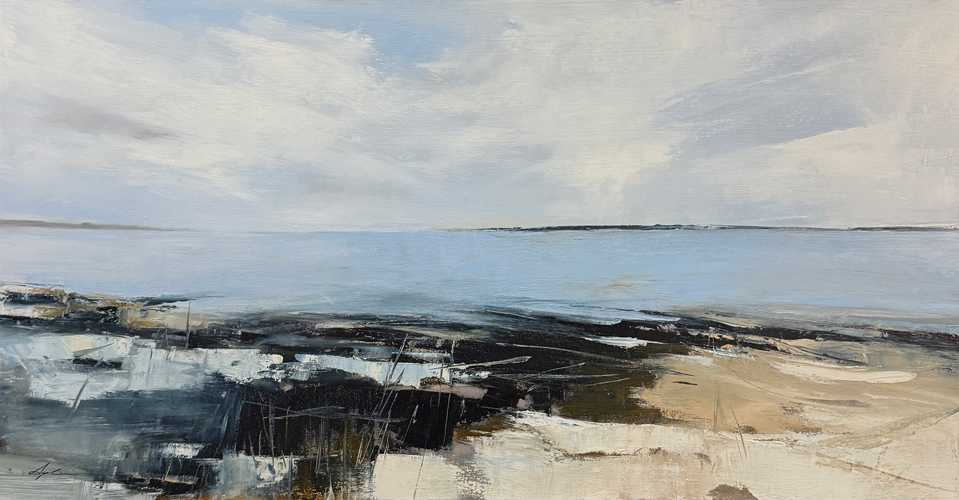 Landscape painting of a calm winter shoreline with expansive pale sky above still blue water, dark rocky foreground with expressive mark-making, and sandy beach stretching to the horizon, by Canadian landscape artist Joanna Aplin, Georgian Bay.