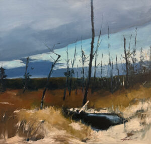 Landscape painting of a winter marsh scene with bare trees rising from russet and golden grasses, a dark pool of water in the foreground, and dramatic grey clouds breaking to reveal pale blue sky, by Joanna Aplin, Owen Sound artist.