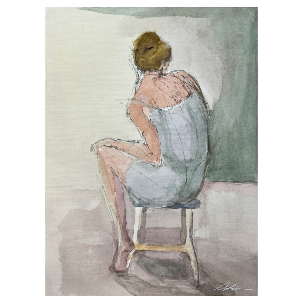Figurative watercolour-style work of a woman seated on a stool seen from behind, dressed in a light blue garment with soft greens and warm skin tones, by Canadian figurative artist Joanna Aplin.