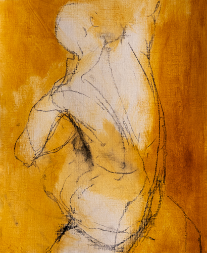 Oil and charcoal on paper figure study of a standing torso rendered in warm golden tones with expressive charcoal linework, by Canadian figurative artist Joanna Aplin.