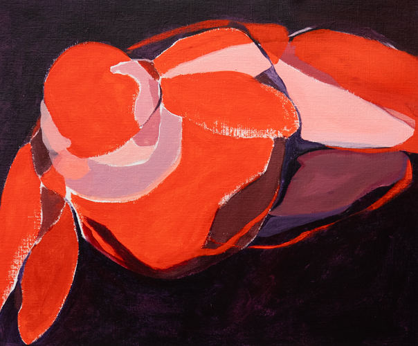 Oil on paper figurative painting of a reclining figure in vibrant reds, pinks, and deep purples against a dark background, by Canadian artist Joanna Aplin.