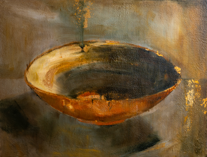 Oil and gold leaf on canvas painting of a bowl with golden light cascading into it, rendered in warm amber, deep brown, and metallic gold tones, by Georgian Bay artist Joanna Aplin.