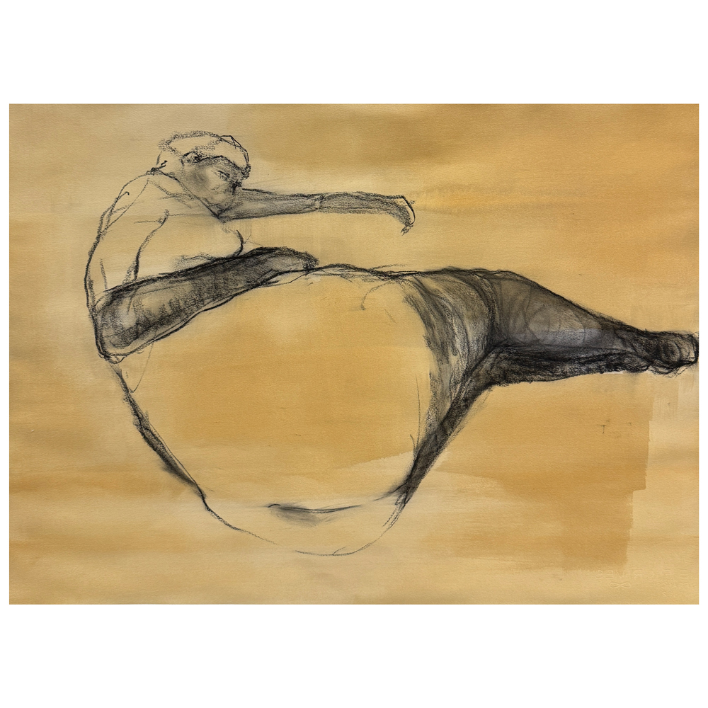 Charcoal and Indian ink figure study of a reclining form with expressive loose linework on a warm ochre wash background, by Canadian figurative artist Joanna Aplin.