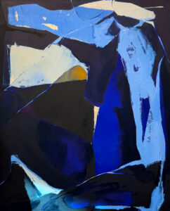 Figurative painting in deep blues, blacks, and pale blues with angular geometric forms, photographed hanging on a gallery wall, by Canadian figurative artist Joanna Aplin.