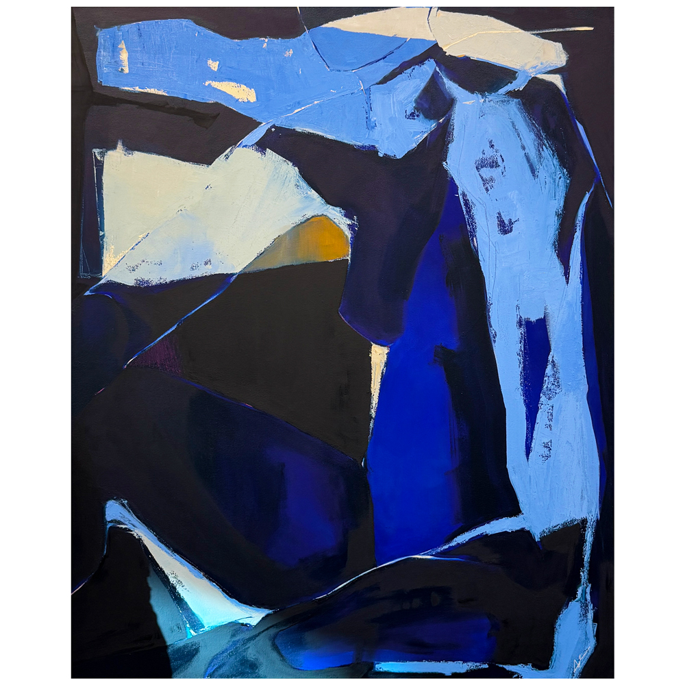 Figurative painting in deep blues, blacks, and pale blues with angular geometric forms, photographed hanging on a gallery wall, by Canadian figurative artist Joanna Aplin.