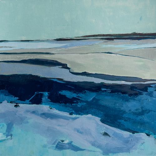 Acrylic on paper abstract landscape of frozen shoreline in layered blues, teals, and whites with a cool mint horizon, by Georgian Bay artist Joanna Aplin.