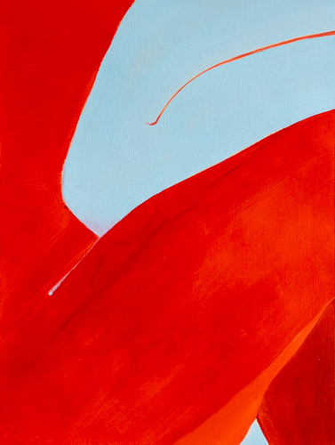 Oil on paper abstract figurative painting of sweeping red forms against a light blue background with a single delicate line, by fine artist Joanna Aplin, Owen Sound Ontario.