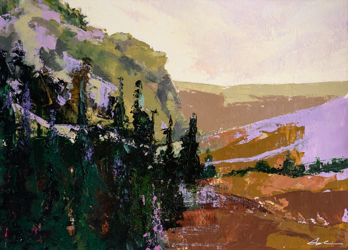 Oil on paper landscape of a hillside with evergreen trees and a valley receding into a soft glowing horizon, painted in greens, purples, ochres, and lavender, by Canadian landscape artist Joanna Aplin.