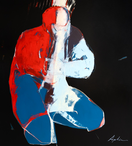 Oil on canvas figurative painting of a crouched figure rendered in bold reds, whites, and blues against a deep black background, by Canadian fine artist Joanna Aplin.