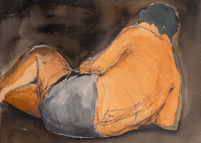 Gouache and charcoal on paper figure study of a reclining form seen from behind in warm ochres and cool greys with expressive mark-making, by Toronto artist Joanna Aplin.