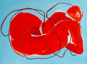 Oil on paper figurative painting of a curled red figure defined by flowing contour lines against a pale blue ground, by Georgian Bay artist Joanna Aplin.