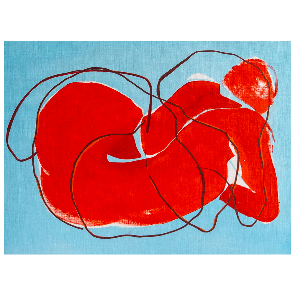 Oil on paper figurative painting of a curled red figure defined by flowing contour lines against a pale blue ground, by Georgian Bay artist Joanna Aplin.