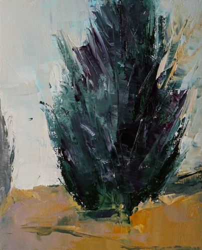 Oil on paper landscape painting of a towering dark evergreen tree with bold expressive brushwork against a pale sky and warm ochre ground, by Owen Sound artist Joanna Aplin.