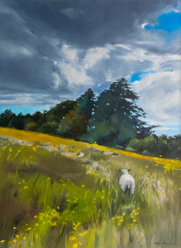 Oil on panel landscape painting of a solitary sheep walking through a wildflower meadow of yellows and greens beneath dramatic storm clouds, by Canadian artist Joanna Aplin.