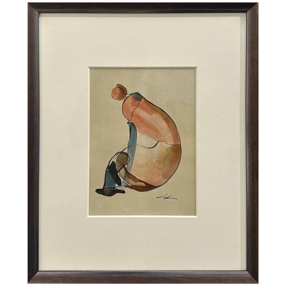 Indian ink on paper — a crouching figure with hair gathered up, painted in warm peach and blue-grey washes with expressive minimal line work, framed and matted, by Georgian Bay artist Joanna Aplin