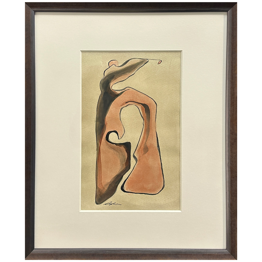 Indian ink on paper — a reductive standing figure rendered in warm terracotta and dark washes with flowing gestural lines, framed and matted, by Canadian figurative artist Joanna Aplin