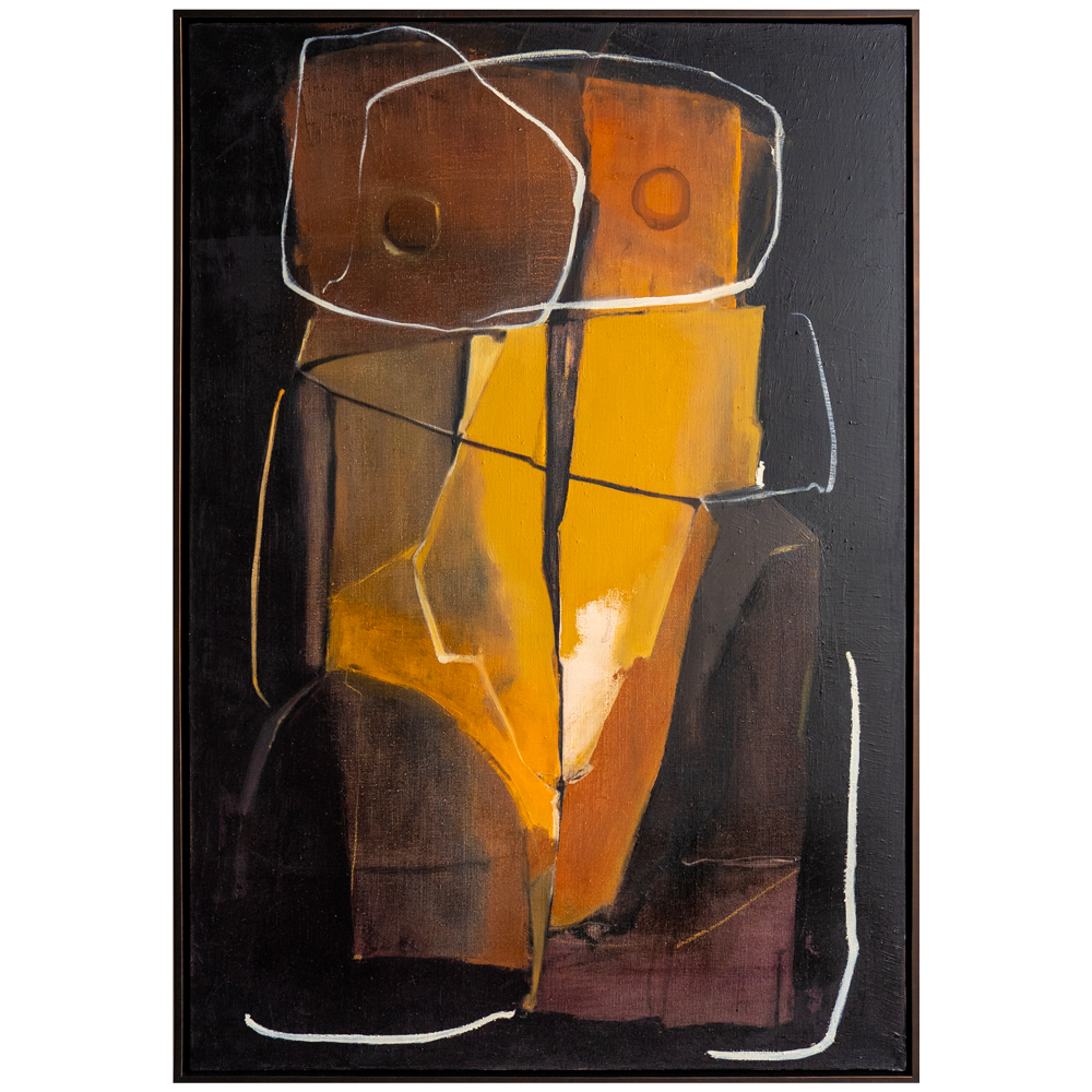 Mixed media on linen abstract figurative painting of an upright form in warm browns and deep yellows with white contour lines against a black background, by Owen Sound artist Joanna Aplin.