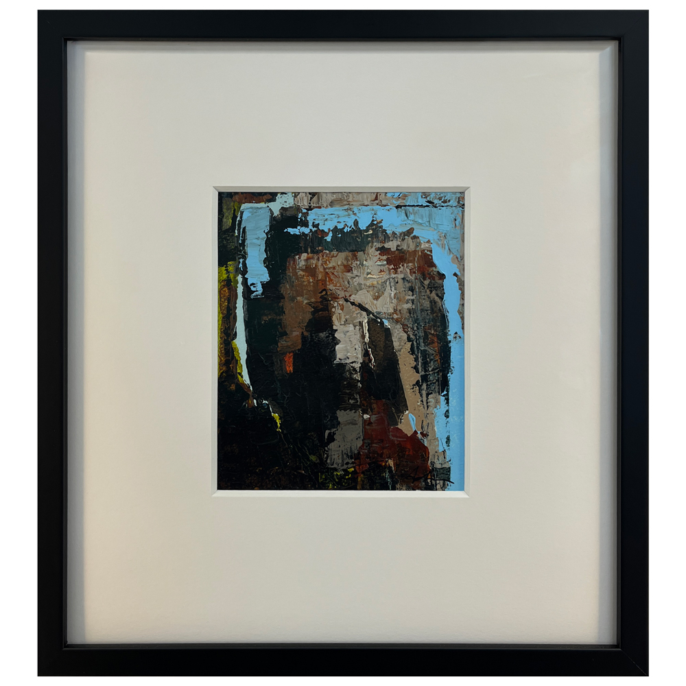 Acrylic on paper — a richly textured abstract work in dark browns, blacks, and earth tones with sky blue breaking through at the edges and yellow-green accents, by Joanna Aplin, Georgian Bay artist