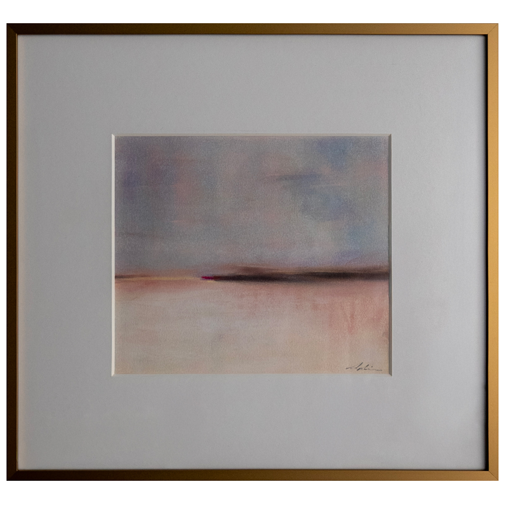 Pastel on paper — a minimal atmospheric landscape in soft mauves, pinks, and greys with a distant horizon and a small touch of red, evoking stillness and quiet light, by fine artist Joanna Aplin